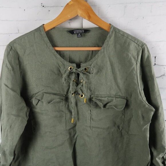 COMPANY ELLEN TRACY CAPER GREEN ROUND NECK 1/2 SLEEVE LINEN TUNIC TOP SIZE M - Picture 4 of 7